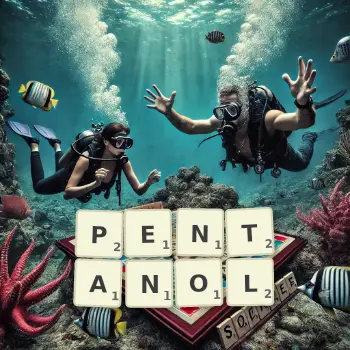 Creative illustration for a Scrabble game with the word PENTANOL spelled out in tiles on the board.