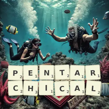 Creative illustration for a Scrabble game with the word PENTARCHICAL spelled out in tiles on the board.