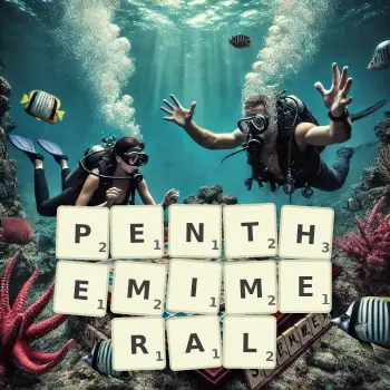 Creative illustration for a Scrabble game with the word PENTHEMIMERAL spelled out in tiles on the board.