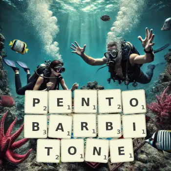 Creative illustration for a Scrabble game with the word PENTOBARBITONE spelled out in tiles on the board.