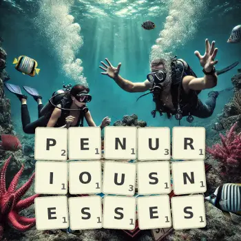 Creative illustration for a Scrabble game with the word PENURIOUSNESSES spelled out in tiles on the board.