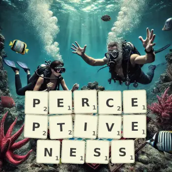 Creative illustration for a Scrabble game with the word PERCEPTIVENESS spelled out in tiles on the board.
