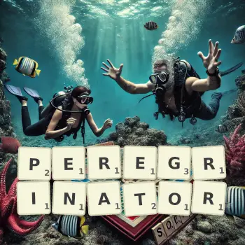 Creative illustration for a Scrabble game with the word PEREGRINATOR spelled out in tiles on the board.