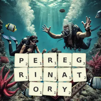 Creative illustration for a Scrabble game with the word PEREGRINATORY spelled out in tiles on the board.