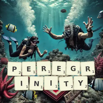 Creative illustration for a Scrabble game with the word PEREGRINITY spelled out in tiles on the board.