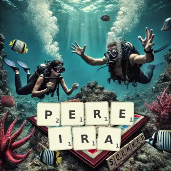 Creative illustration for a Scrabble game with the word PEREIRA spelled out in tiles on the board.