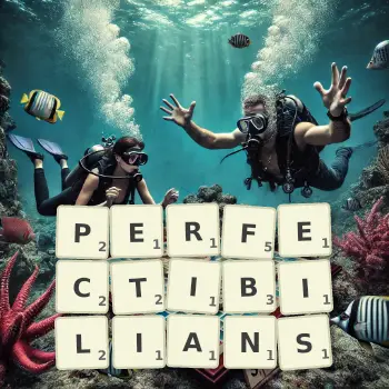 Creative illustration for a Scrabble game with the word PERFECTIBILIANS spelled out in tiles on the board.