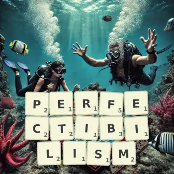 Creative illustration for a Scrabble game with the word PERFECTIBILISM spelled out in tiles on the board.