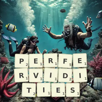 Creative illustration for a Scrabble game with the word PERFERVIDITIES spelled out in tiles on the board.