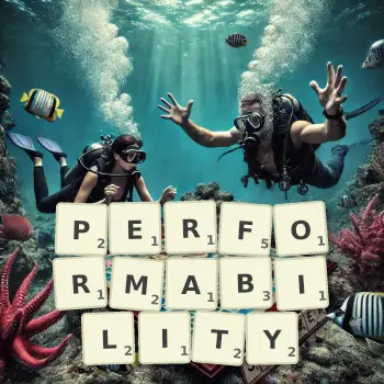 Creative illustration for a Scrabble game with the word PERFORMABILITY spelled out in tiles on the board.