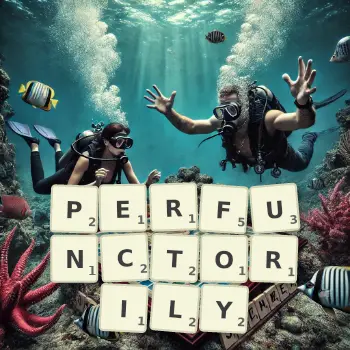 Creative illustration for a Scrabble game with the word PERFUNCTORILY spelled out in tiles on the board.