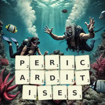 Creative illustration for a Scrabble game with the word PERICARDITISES spelled out in tiles on the board.