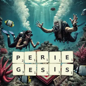 Creative illustration for a Scrabble game with the word PERIEGESIS spelled out in tiles on the board.