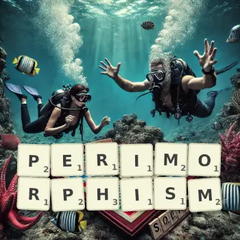 Creative illustration for a Scrabble game with the word PERIMORPHISM spelled out in tiles on the board.