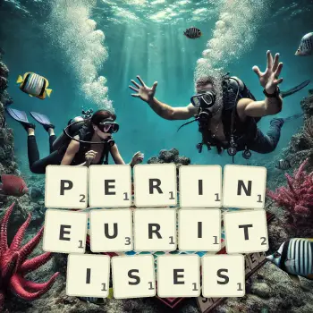 Creative illustration for a Scrabble game with the word PERINEURITISES spelled out in tiles on the board.