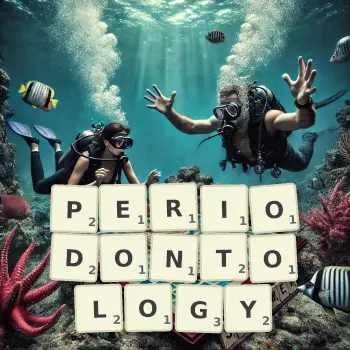 Creative illustration for a Scrabble game with the word PERIODONTOLOGY spelled out in tiles on the board.