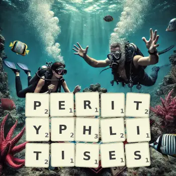 Creative illustration for a Scrabble game with the word PERITYPHLITISES spelled out in tiles on the board.