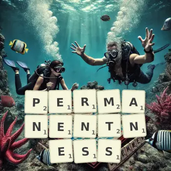 Creative illustration for a Scrabble game with the word PERMANENTNESS spelled out in tiles on the board.