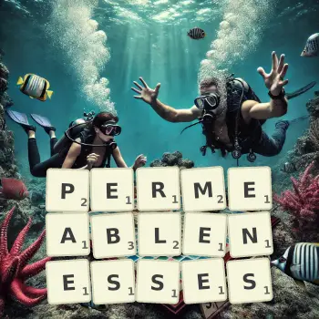 Creative illustration for a Scrabble game with the word PERMEABLENESSES spelled out in tiles on the board.