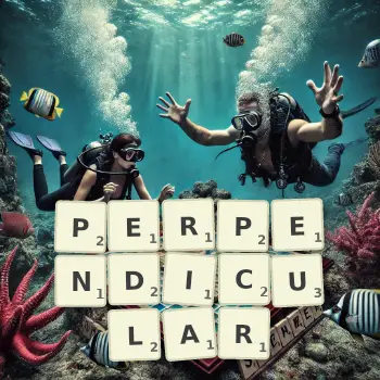 Creative illustration for a Scrabble game with the word PERPENDICULAR spelled out in tiles on the board.