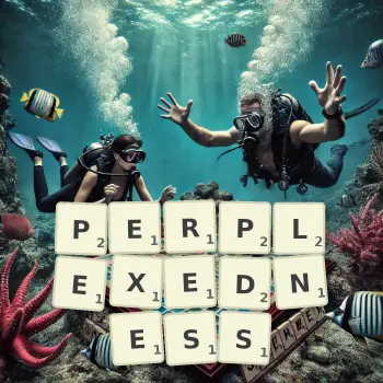 Creative illustration for a Scrabble game with the word PERPLEXEDNESS spelled out in tiles on the board.
