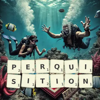 Creative illustration for a Scrabble game with the word PERQUISITION spelled out in tiles on the board.