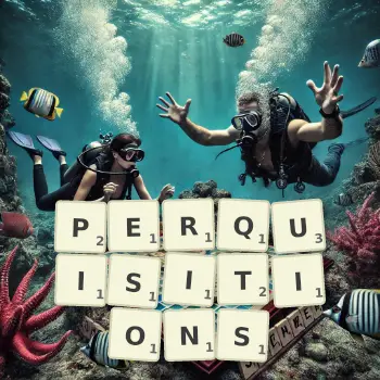 Creative illustration for a Scrabble game with the word PERQUISITIONS spelled out in tiles on the board.