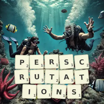 Creative illustration for a Scrabble game with the word PERSCRUTATIONS spelled out in tiles on the board.