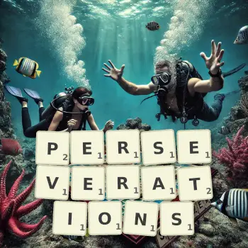 Creative illustration for a Scrabble game with the word PERSEVERATIONS spelled out in tiles on the board.