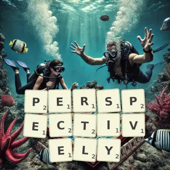Creative illustration for a Scrabble game with the word PERSPECTIVELY spelled out in tiles on the board.
