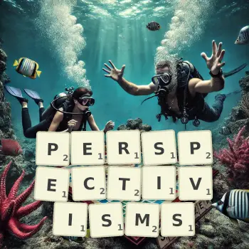 Creative illustration for a Scrabble game with the word PERSPECTIVISMS spelled out in tiles on the board.