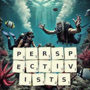 Creative illustration for a Scrabble game with the word PERSPECTIVISTS spelled out in tiles on the board.