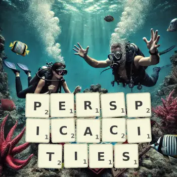 Creative illustration for a Scrabble game with the word PERSPICACITIES spelled out in tiles on the board.
