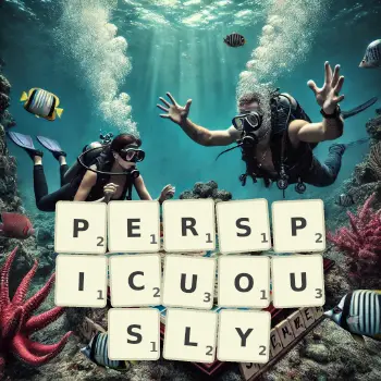 Creative illustration for a Scrabble game with the word PERSPICUOUSLY spelled out in tiles on the board.