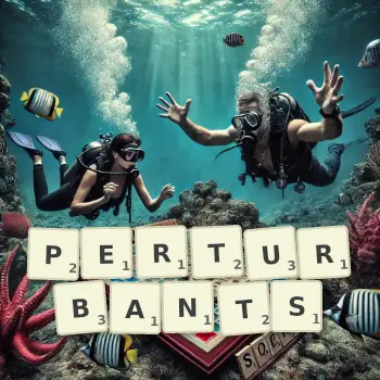 Creative illustration for a Scrabble game with the word PERTURBANTS spelled out in tiles on the board.