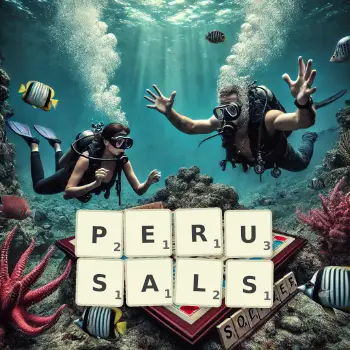 Creative illustration for a Scrabble game with the word PERUSALS spelled out in tiles on the board.