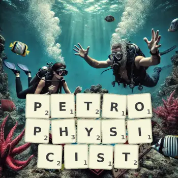 Creative illustration for a Scrabble game with the word PETROPHYSICIST spelled out in tiles on the board.