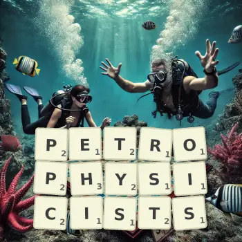 Creative illustration for a Scrabble game with the word PETROPHYSICISTS spelled out in tiles on the board.