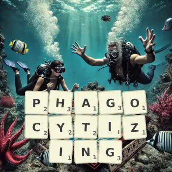 Creative illustration for a Scrabble game with the word PHAGOCYTIZING spelled out in tiles on the board.
