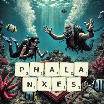 Creative illustration for a Scrabble game with the word PHALANXES spelled out in tiles on the board.