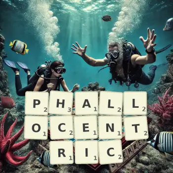 Creative illustration for a Scrabble game with the word PHALLOCENTRIC spelled out in tiles on the board.