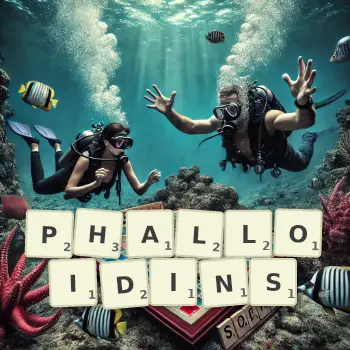 Creative illustration for a Scrabble game with the word PHALLOIDINS spelled out in tiles on the board.