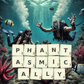 Creative illustration for a Scrabble game with the word PHANTASMICALLY spelled out in tiles on the board.