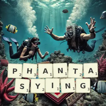 Creative illustration for a Scrabble game with the word PHANTASYING spelled out in tiles on the board.
