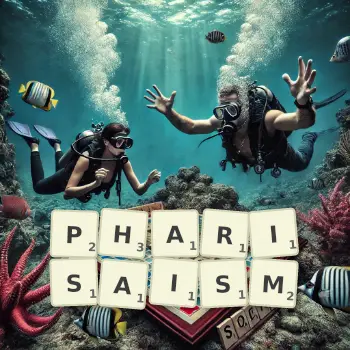 Creative illustration for a Scrabble game with the word PHARISAISM spelled out in tiles on the board.
