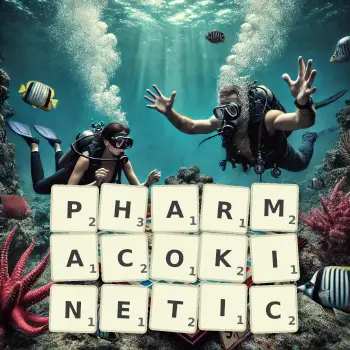 Creative illustration for a Scrabble game with the word PHARMACOKINETIC spelled out in tiles on the board.