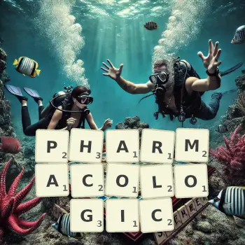 Creative illustration for a Scrabble game with the word PHARMACOLOGIC spelled out in tiles on the board.