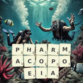 Creative illustration for a Scrabble game with the word PHARMACOPOEIA spelled out in tiles on the board.