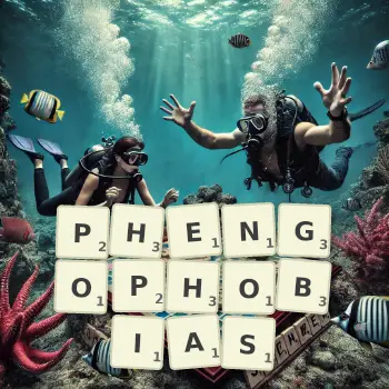 Creative illustration for a Scrabble game with the word PHENGOPHOBIAS spelled out in tiles on the board.