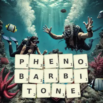 Creative illustration for a Scrabble game with the word PHENOBARBITONE spelled out in tiles on the board.